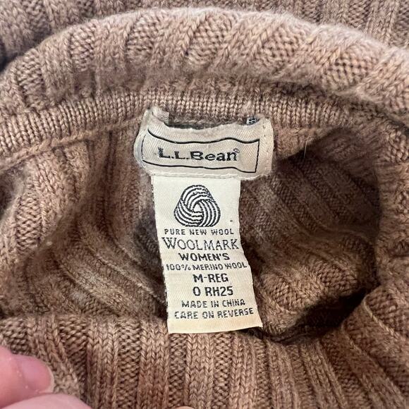 Vtg LL Bean 100% merino wool ribbed turtleneck sweater beige tan brown medium - Picture 4 of 9